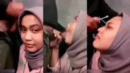 Crot Muka Jilbab Di Toilet Umum, Basah Kena Muncrat.
